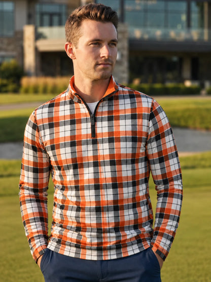 Herbstorangefarbener Performance-Quarter-Zip-Pullover mit Karomuster