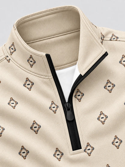 Performance Quarter-Zip-Pullover mit Rautenmuster in Elfenbeinweiß