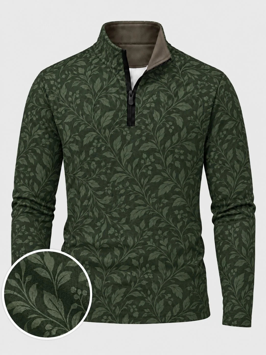 Golfpullover mit botanischem Muster in Dunkelwaldgrün, Funktionsmaterial und Viertelreißverschluss