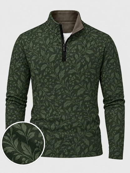 Golfpullover mit botanischem Muster in Dunkelwaldgrün, Funktionsmaterial und Viertelreißverschluss