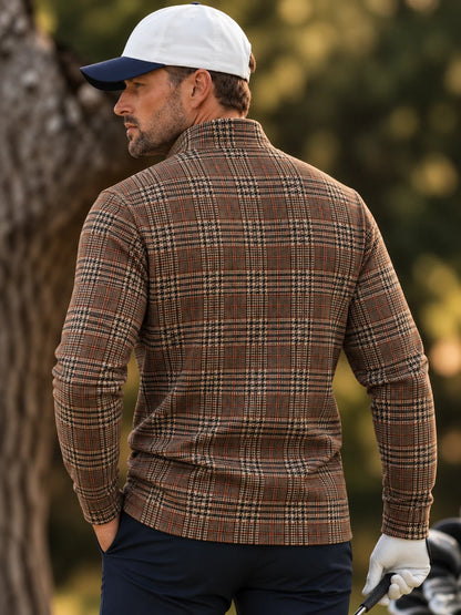 Golf-Pullover aus Funktionsmaterial in Kamelbraun mit Hahnentritt-Karomuster und Viertelreißverschluss