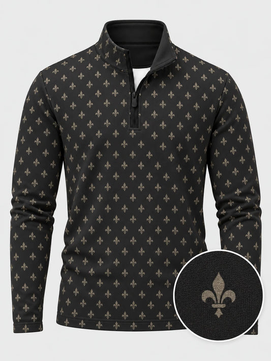 Golfpullover mit Lilienornament-Muster in Obsidianschwarz, Funktionsmaterial und Viertelreißverschluss