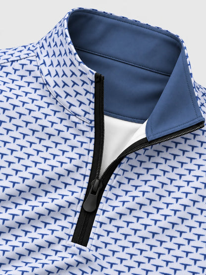 Performance-Pullover in Elfenbein mit dezentem geometrischem Muster und kurzem Reißverschluss