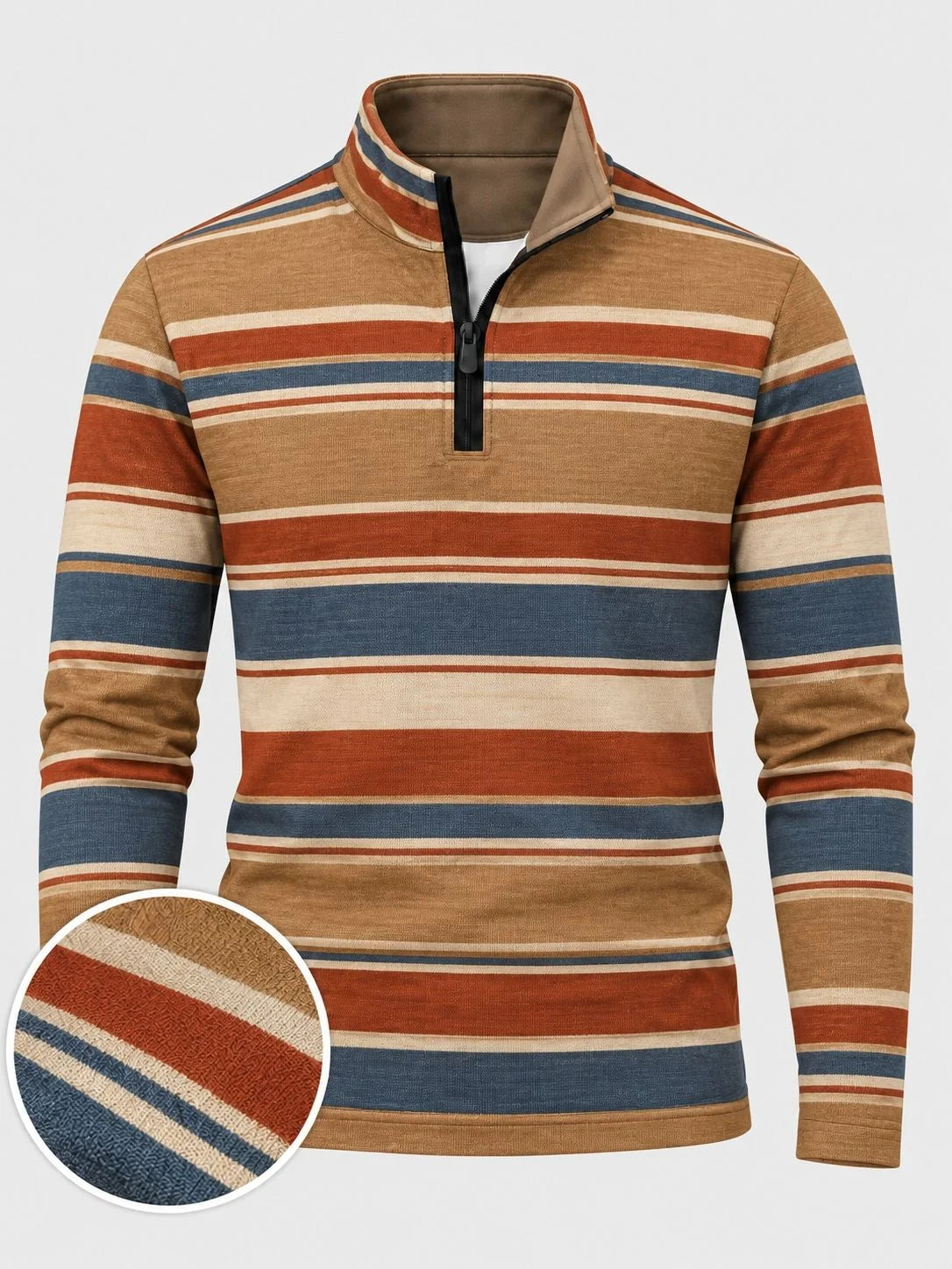 Golf-Pullover aus Funktionsmaterial in Kamelbraun mit mehrfarbigem Retro-Streifenmuster und Viertelreißverschluss