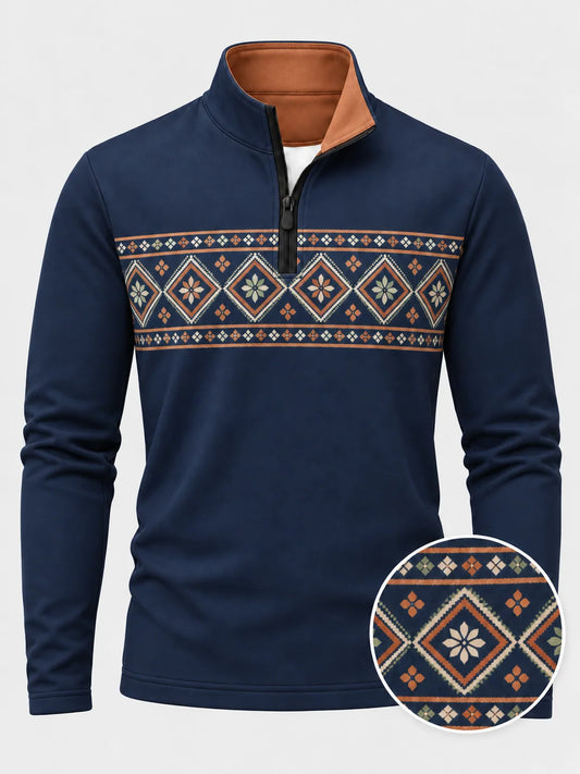 Performance-Pullover mit floralem Rautenmuster und kurzem Reißverschluss