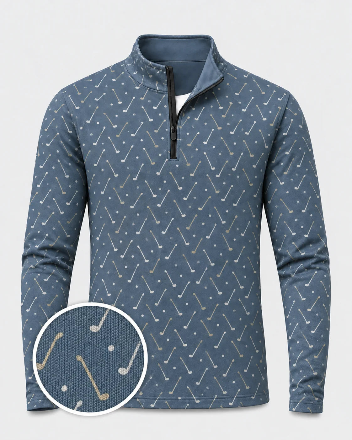 Schieferblauer Golfpullover mit Golfclub-Muster und kurzem Reißverschluss