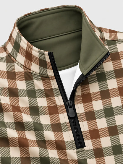 Golf-Pullover in Olivgrün und Braun mit Karomuster und kurzem Reißverschluss