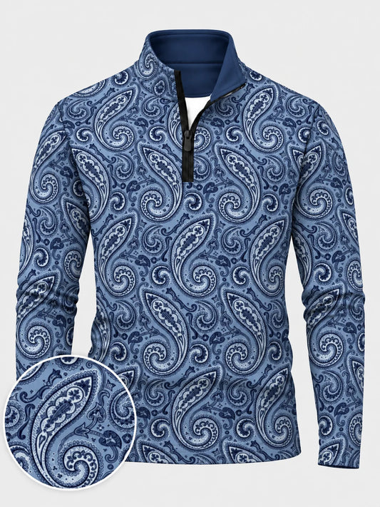 Blauer Performance-Pullover mit Viertelreißverschluss und Paisley-Muster