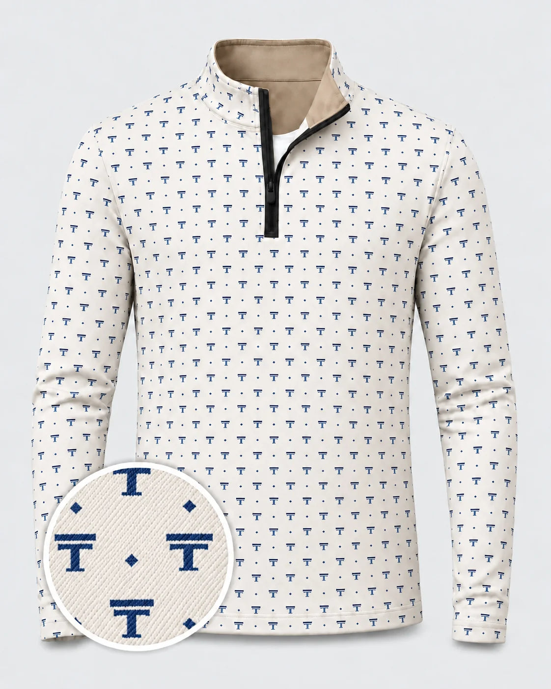 Elfenbeinfarbener Performance-Quarter-Zip-Pullover mit dezentem Emblem-Muster