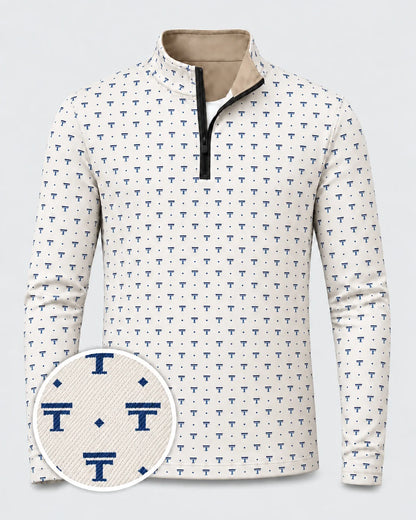 Elfenbeinfarbener Performance-Quarter-Zip-Pullover mit dezentem Emblem-Muster
