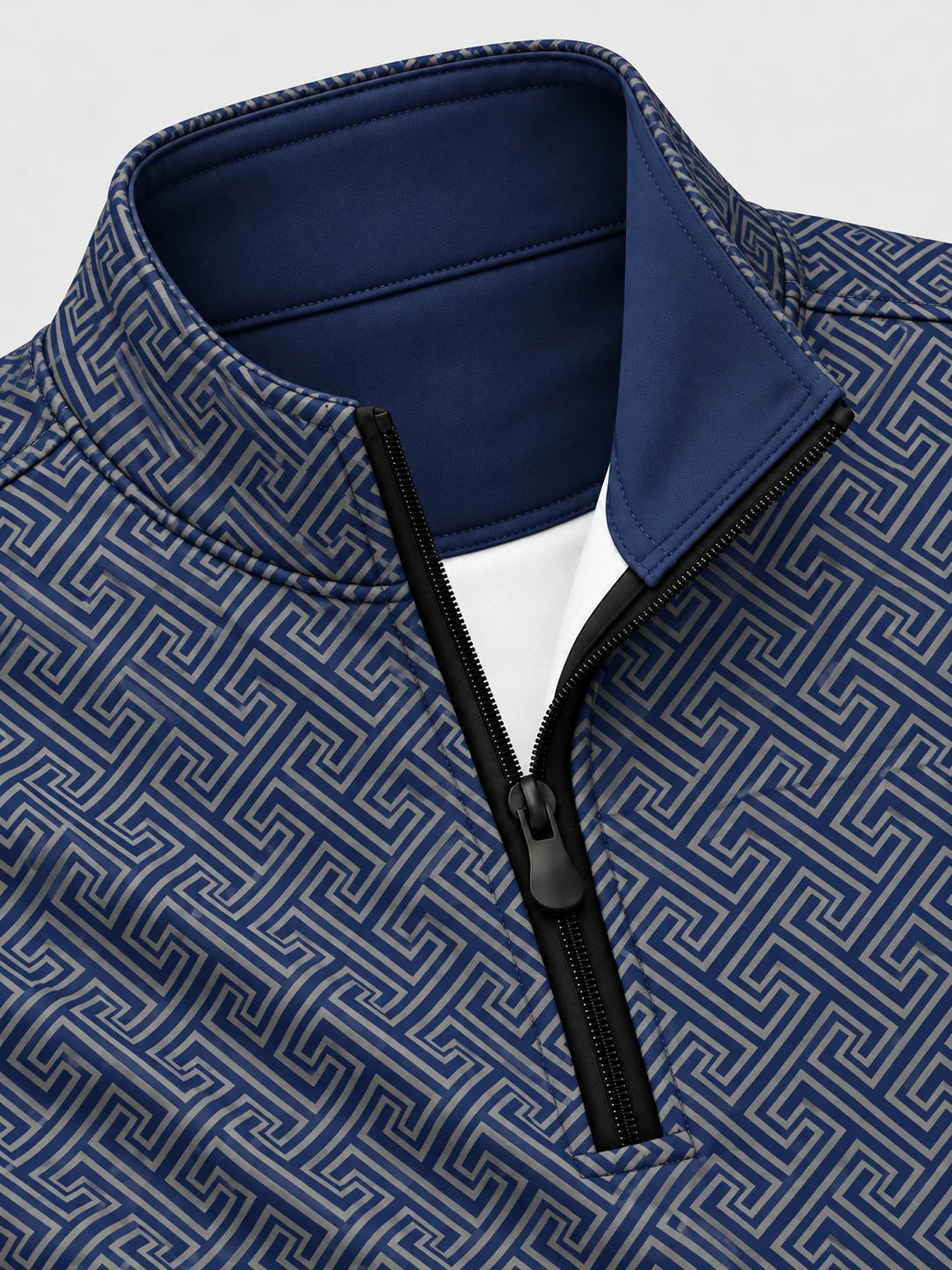 Blauer Performance-Pullover mit griechischem Mäandermuster und kurzem Reißverschluss