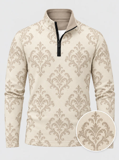 Elfenbeinfarbener Performance-Pullover mit Damastmuster und Viertelreißverschluss