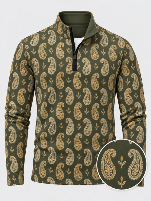 Performance-Pullover in Olivgrün und Gold mit Paisley-Muster und kurzem Reißverschluss