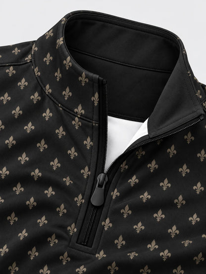 Golfpullover mit Lilienornament-Muster in Obsidianschwarz, Funktionsmaterial und Viertelreißverschluss