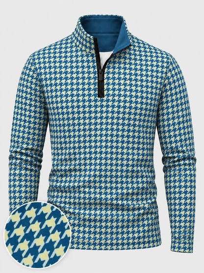 Golf-Pullover mit Viertelreißverschluss und Hahnentrittmuster in Blau