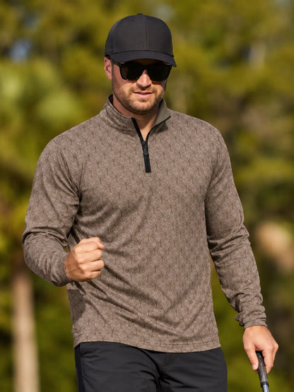 Performance-Golfpullover in Taupebraun mit geometrischem Muster und Viertelreißverschluss