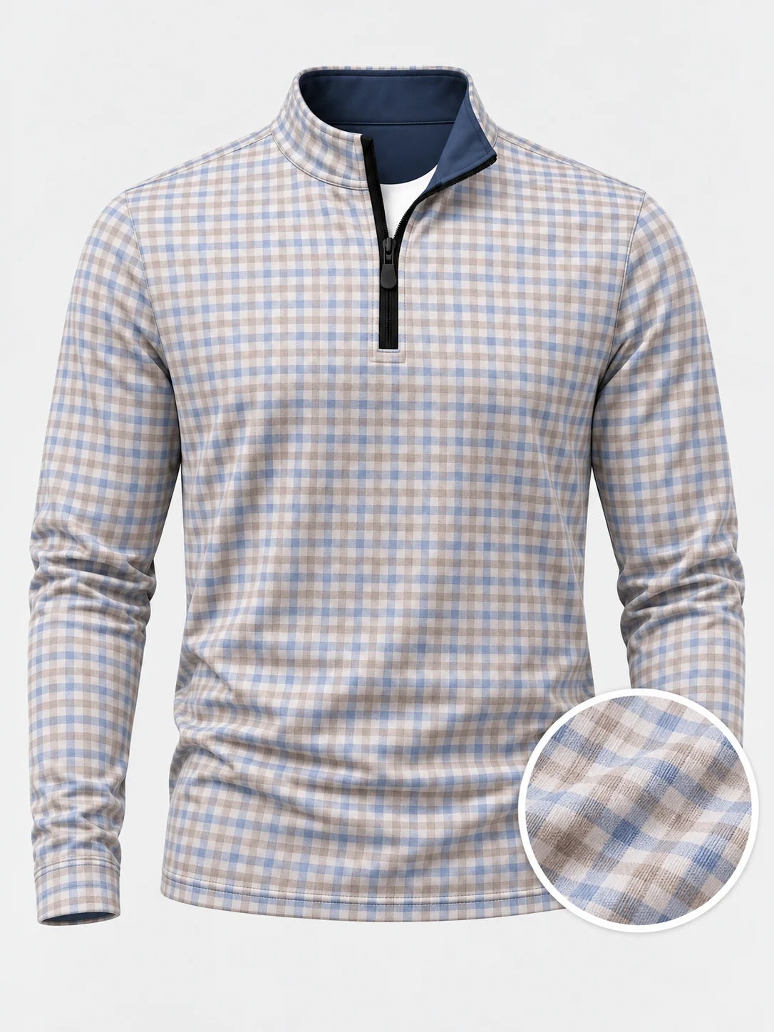 Blau-Beiger Karo-Golfpullover aus Funktionsmaterial mit kurzem Reißverschluss
