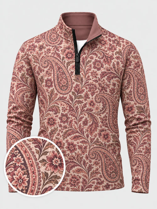 Golfpullover in Altrosa mit floralem Paisley-Muster, Funktionsmaterial und Viertelreißverschluss