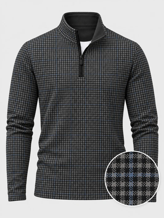 Golf-Pullover mit Viertelreißverschluss und Mikro-Karomuster in Anthrazitblau
