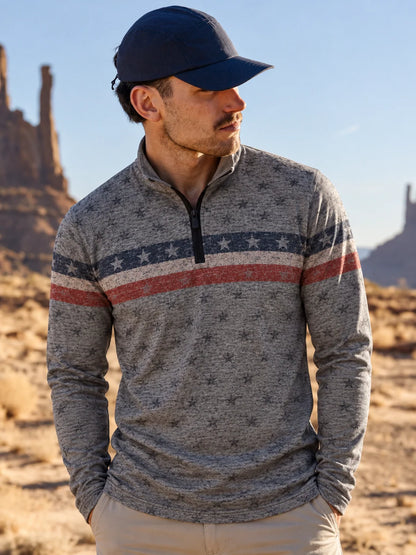 Grauer Golfpullover für Herren mit Sternen- und Streifenmuster und Viertelreißverschluss