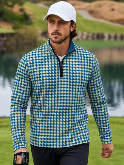 Golf-Pullover mit Viertelreißverschluss und Hahnentrittmuster in Blau