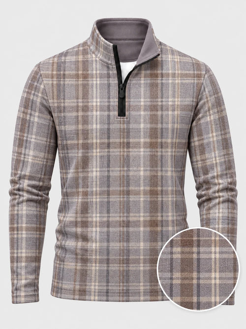 Golf-Pullover mit Viertelreißverschluss und Tartan-Karomuster in Taupe