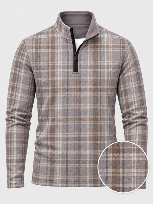 Golf-Pullover mit Viertelreißverschluss und Tartan-Karomuster in Taupe