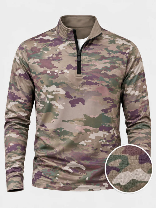 Vintage-Camouflage-Performance-Pullover mit kurzem Reißverschluss
