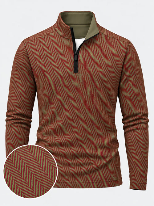Golfpullover in Burgunderrot und Olivgrün mit Fischgrätmuster und Viertelreißverschluss