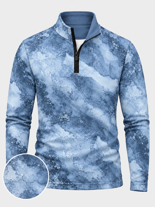 Blauer Performance-Pullover mit Marmormuster und kurzem Reißverschluss