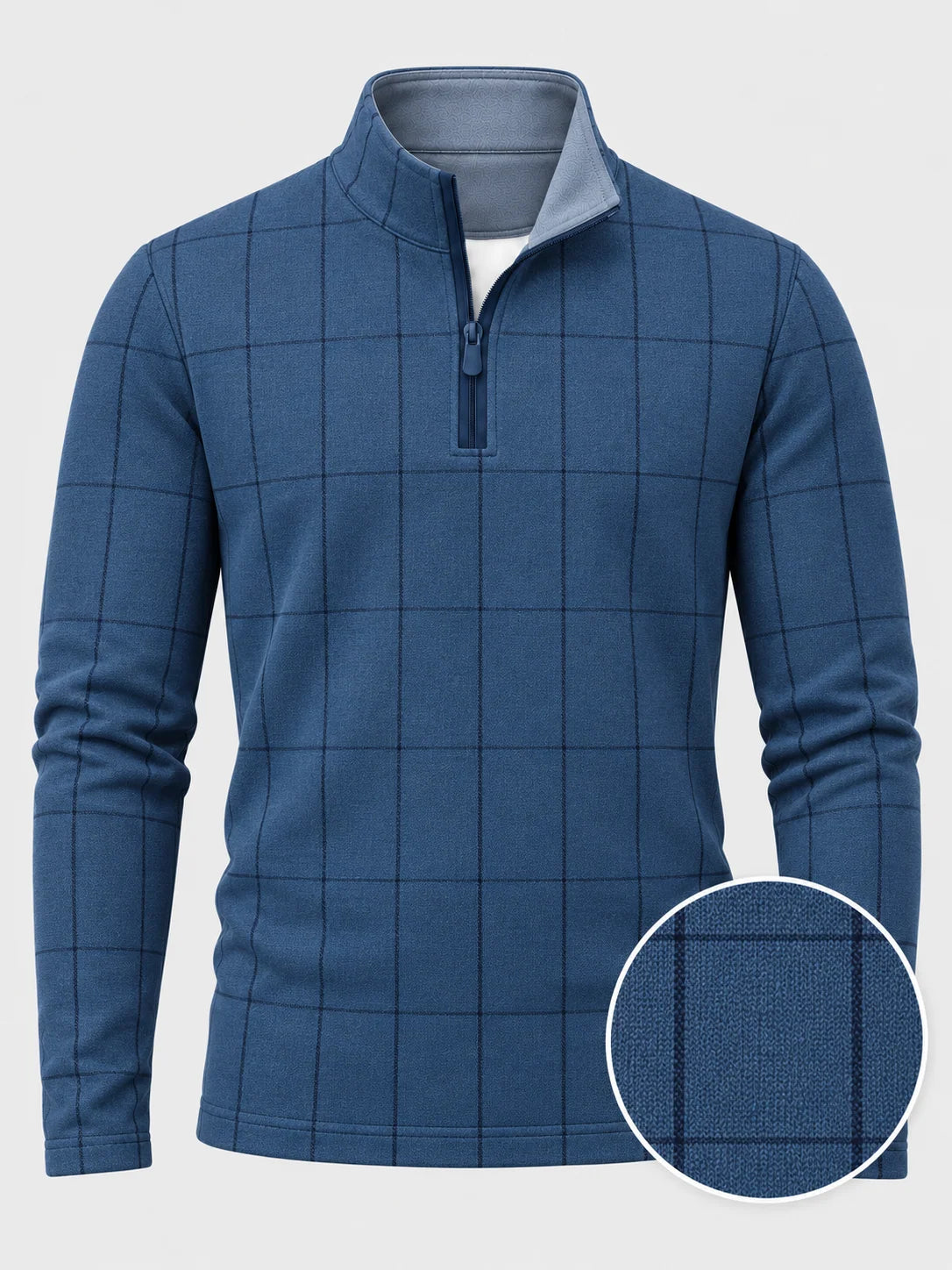 Golfpullover mit Fensterkaro-Muster in Stahlblau, Funktionsmaterial und Viertelreißverschluss
