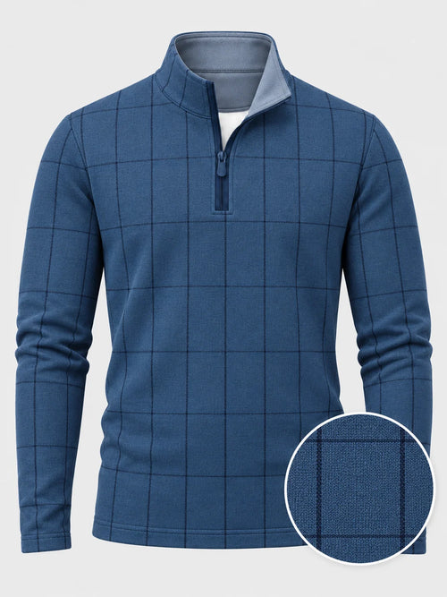Golfpullover mit Fensterkaro-Muster in Stahlblau, Funktionsmaterial und Viertelreißverschluss