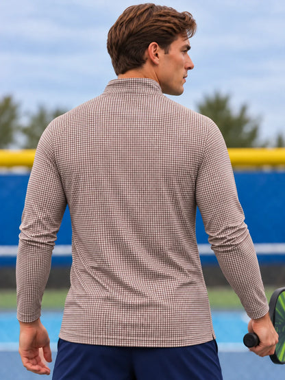Golf-Pullover in Taupe mit Vichy-K Karomuster und kurzem Reißverschluss