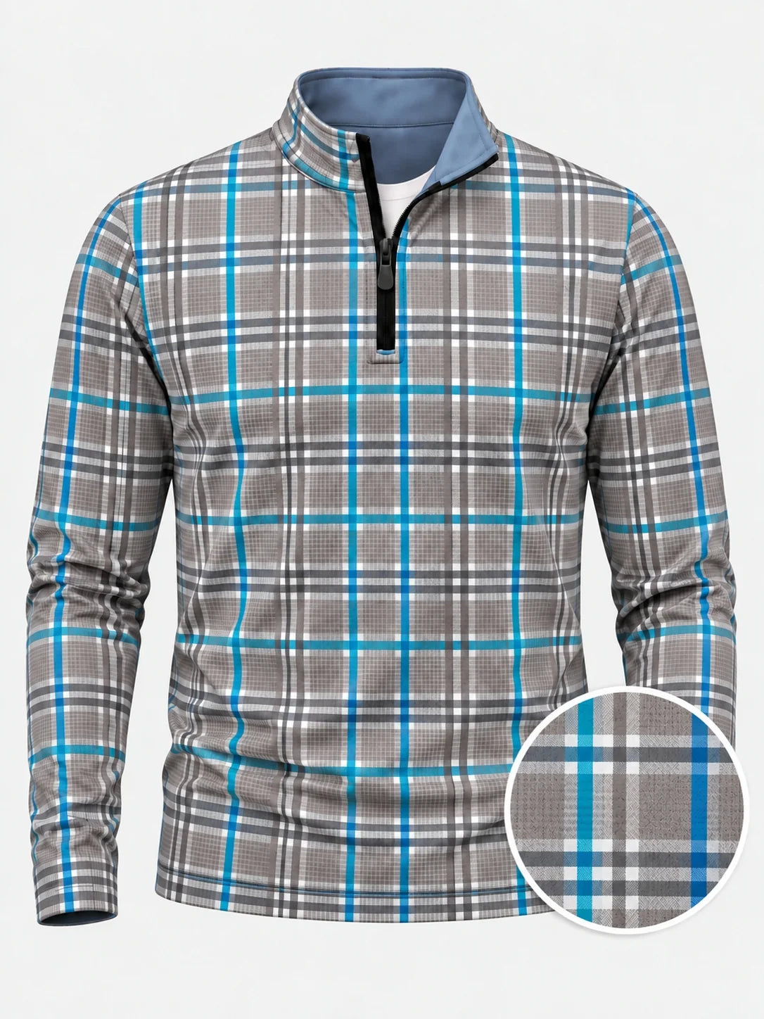 Steingrauer Golf-Pullover mit aquafarbenem Karomuster und Viertelreißverschluss aus Funktionsmaterial