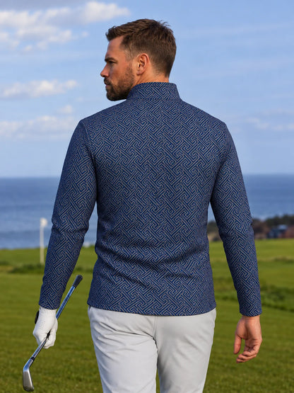 Blauer Performance-Pullover mit griechischem Mäandermuster und kurzem Reißverschluss