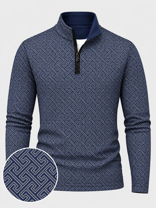Blauer Performance-Pullover mit griechischem Mäandermuster und kurzem Reißverschluss