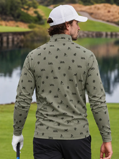 Performance-Golfpullover in Salbeigrün mit Truthahnmuster und Viertelreißverschluss