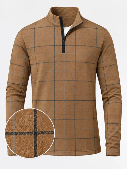 Kamelfarbener Performance-Quarter-Zip-Pullover mit Fensterkaromuster