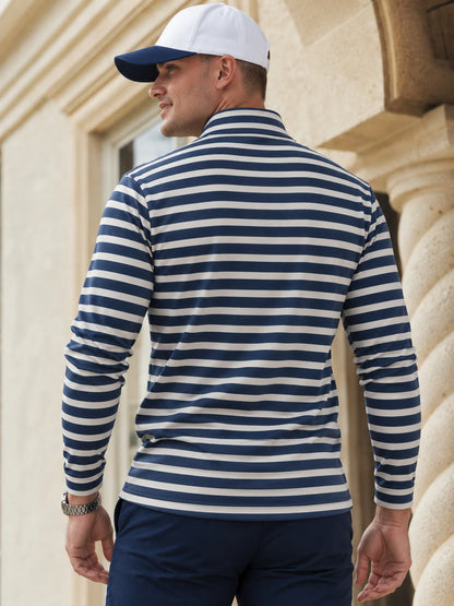 Golf-Pullover aus Funktionsmaterial in Marineblau mit nautischem Streifenmuster und Viertelreißverschluss