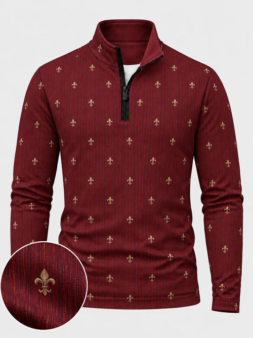 Golfpullover in Rot mit goldenen Weihnachtsemblemen und Viertelreißverschluss