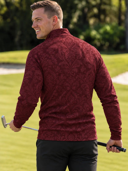 Burgunderroter Golf-Pullover aus Funktionsmaterial mit elegantem Damastmuster und Viertelreißverschluss