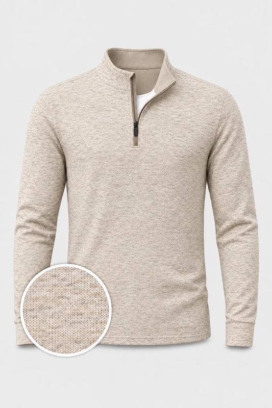 Melierter Golf-Pullover in Haferbeige mit kurzem Reißverschluss