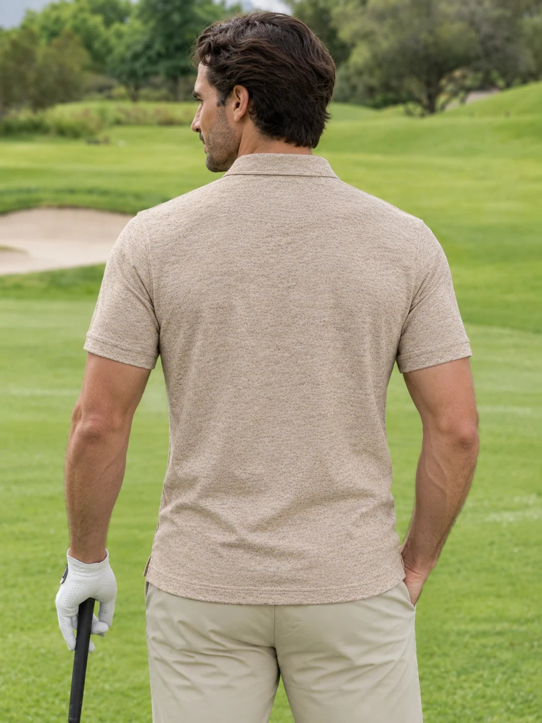 Meliertes Golf-Performance-Poloshirt in Haferbeige