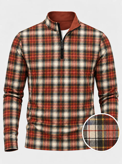 Golf-Pullover mit Karomuster in Karmesinrot, Creme und Schwarz und Viertelreißverschluss aus Funktionsmaterial