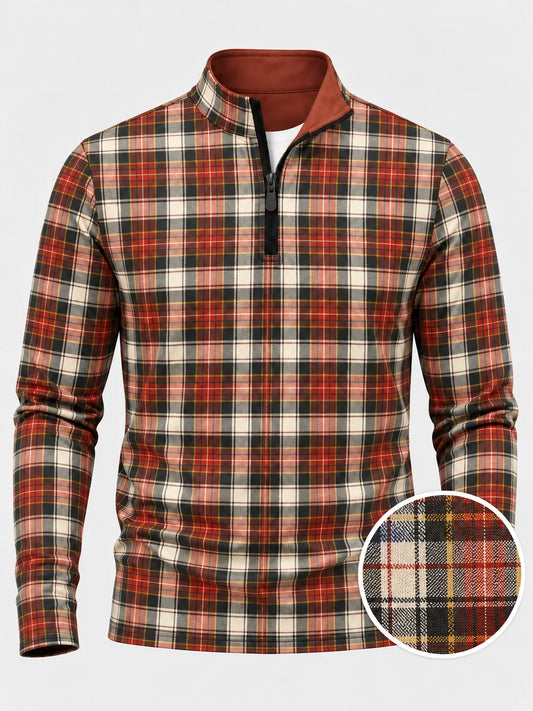 Golf-Pullover mit Karomuster in Karmesinrot, Creme und Schwarz und Viertelreißverschluss aus Funktionsmaterial