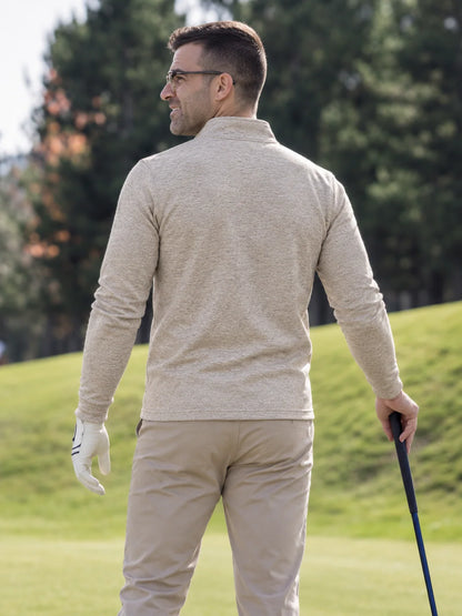 Melierter Golf-Pullover in Haferbeige mit kurzem Reißverschluss