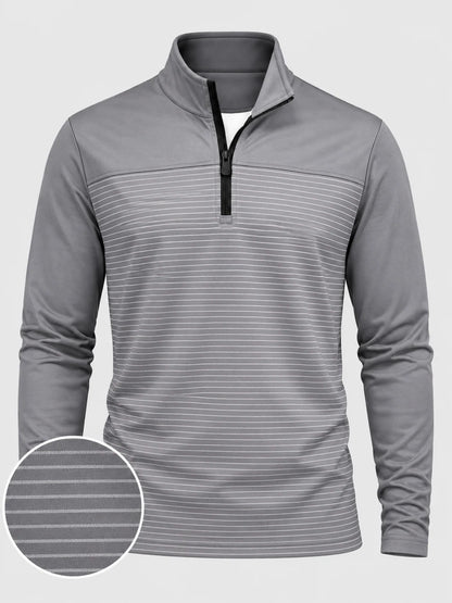 Grauer Golf-Pullover mit feinem Streifenmuster und kurzem Reißverschluss