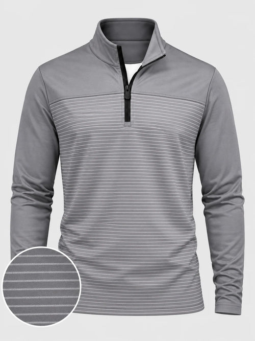 Grauer Golf-Pullover mit feinem Streifenmuster und kurzem Reißverschluss