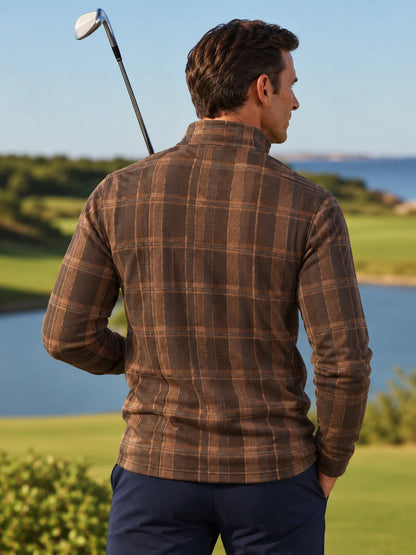 Golf-Pullover aus Funktionsmaterial in Mokkabraun mit mehrlagigem Karomuster und Viertelreißverschluss