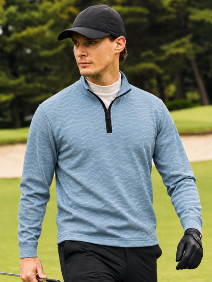 Golfpullover mit Wellenstruktur in Eisblau, Funktionsmaterial und Viertelreißverschluss